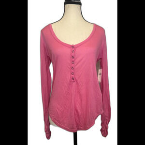 Anthropologie Pilcro PINK Long Ruched Sleeve Snap Front Modal V Neck Top-S NEW